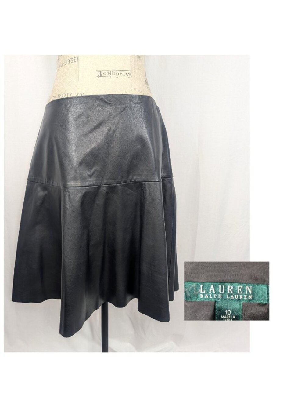 Ralph Lauren Black Lamb Leather Skirt 10 Full Knee Length